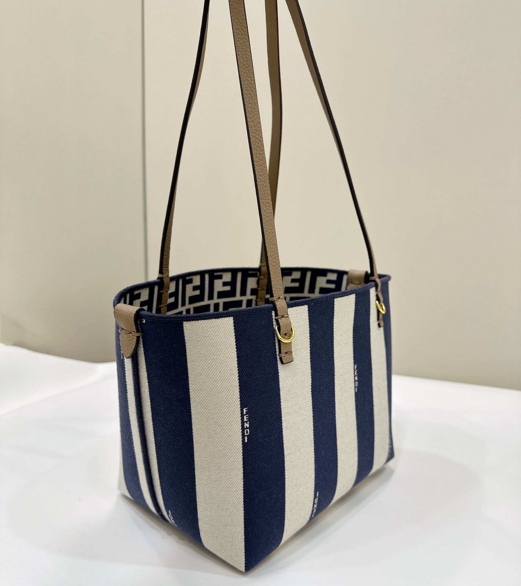 Fendi Small Roll Reversible Shopper Bag in Pequin Striped and Midnight Blue FF Fabric